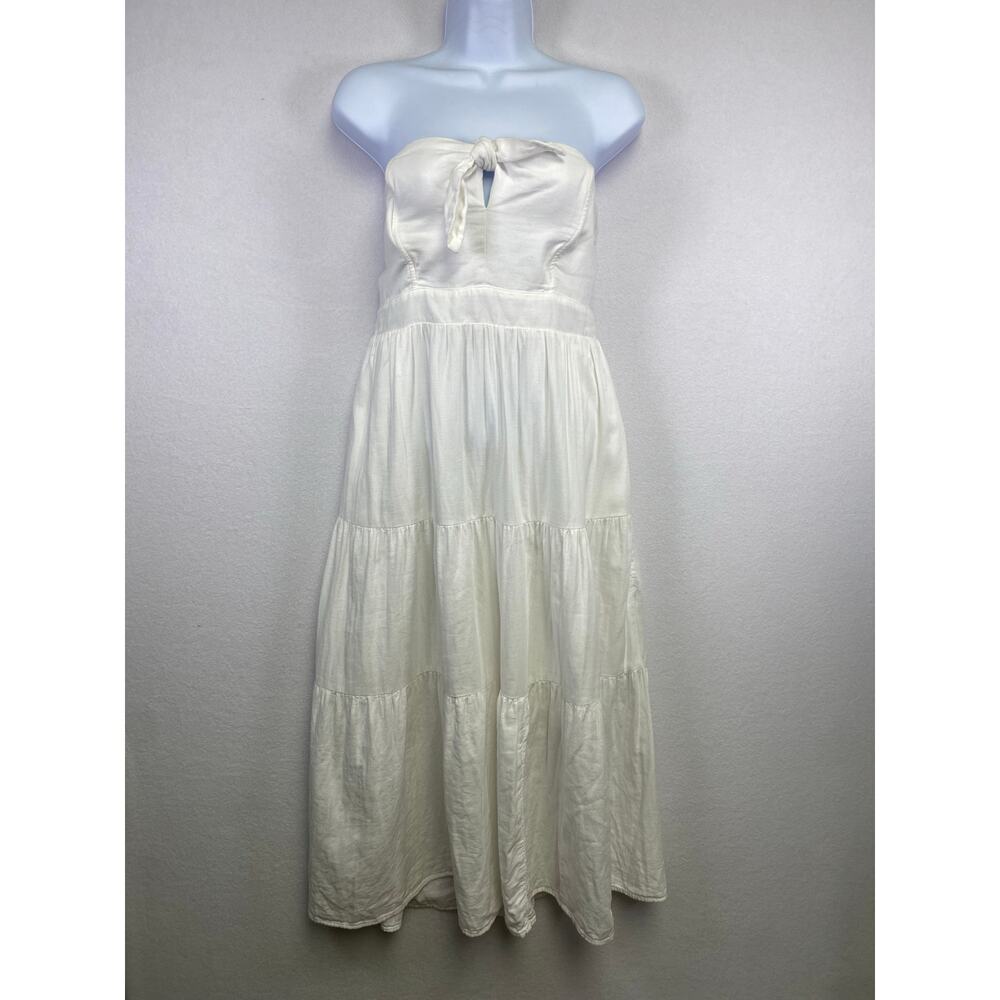 Universal Size Small White Strapless Tie Front Tiered Cotton Midi Dress Sundress